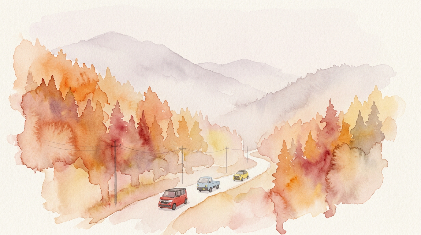 Watercolor of three kei cars — red, blue, and yellow — on a winding mountain road through autumn forest, misty peaks behind